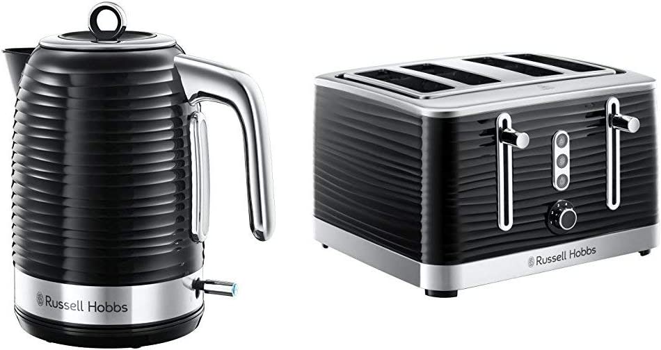 Russell Hobbs 24361 Inspire Electric Kettle, 4 Slice Toaster, Black with Chrome Accents, 3000 W