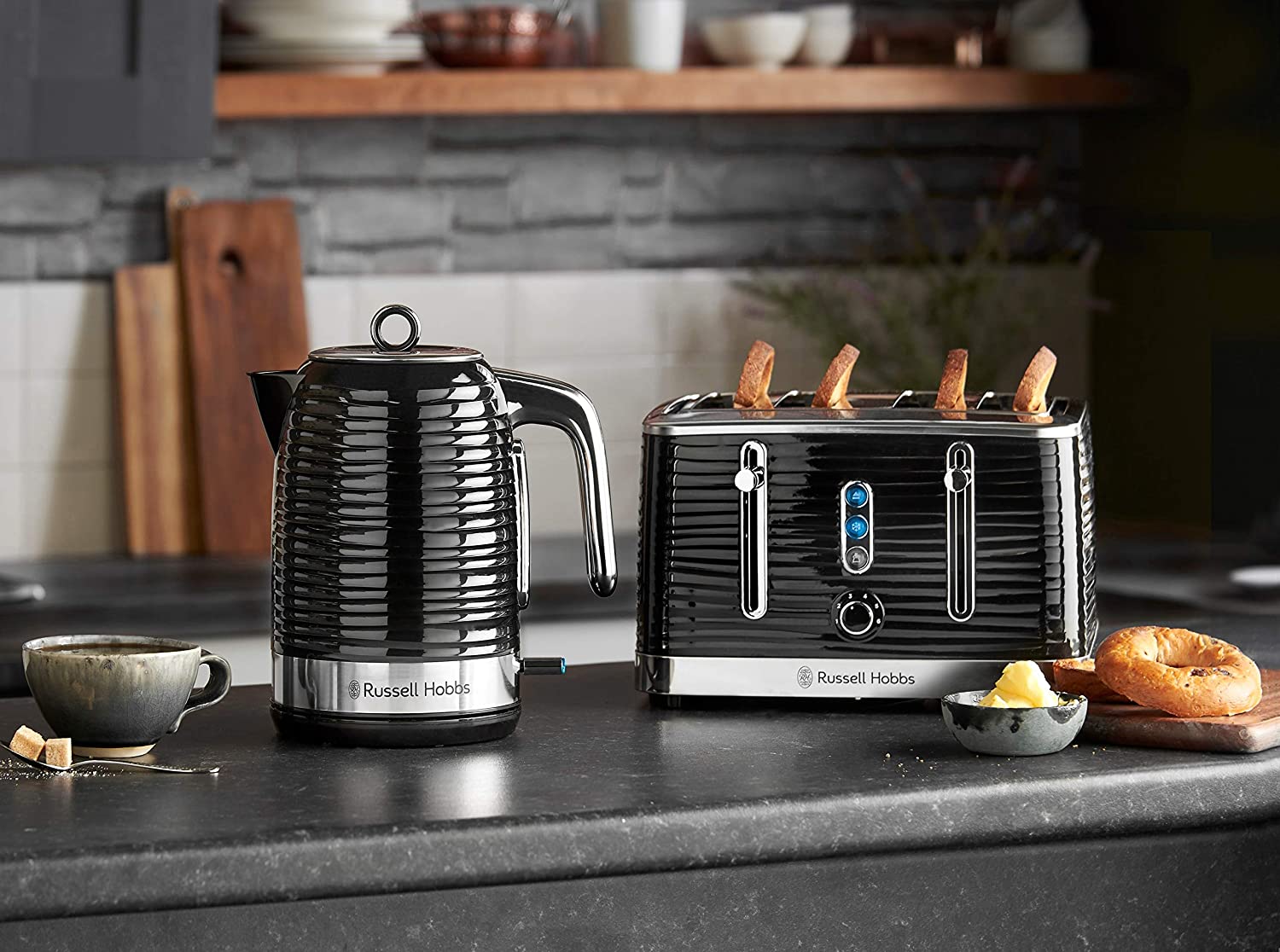 Russell Hobbs 24361 Inspire Electric Kettle, 4 Slice Toaster, Black with Chrome Accents, 3000 W