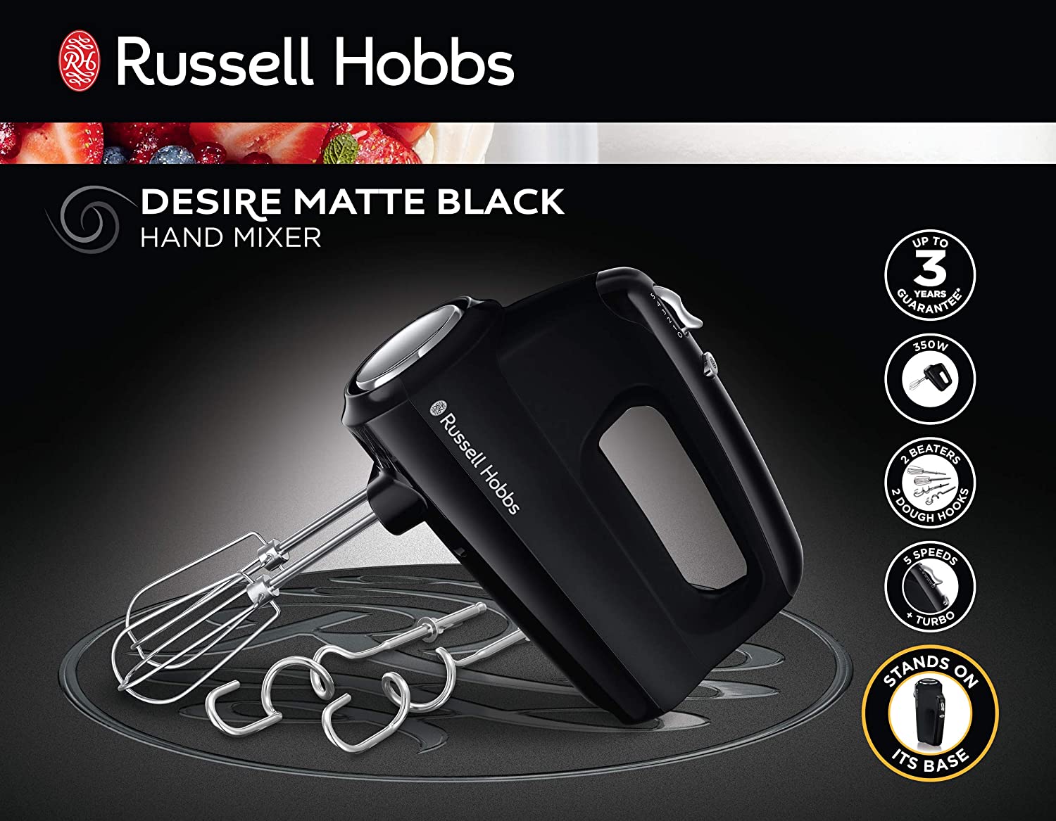 Russell Hobbs Desire Hand Mixer 24672, Electric Hand Whisk and Dough Mixer Attachments, Matte